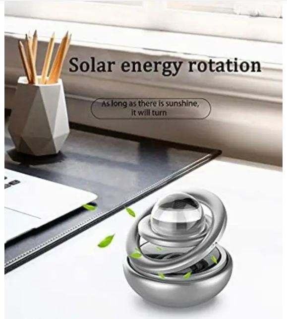 Metal Car Solar Rotating Fragrance Diffuser – Double Loop Design with Glass Ball for Car, Home & Office Air Freshening
